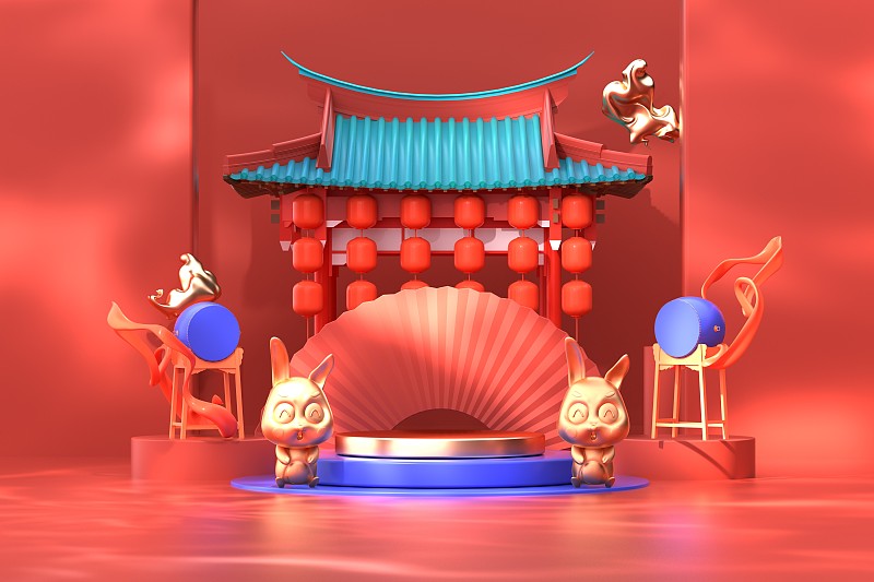 3D渲染兔年中国风展示台场景图片下载