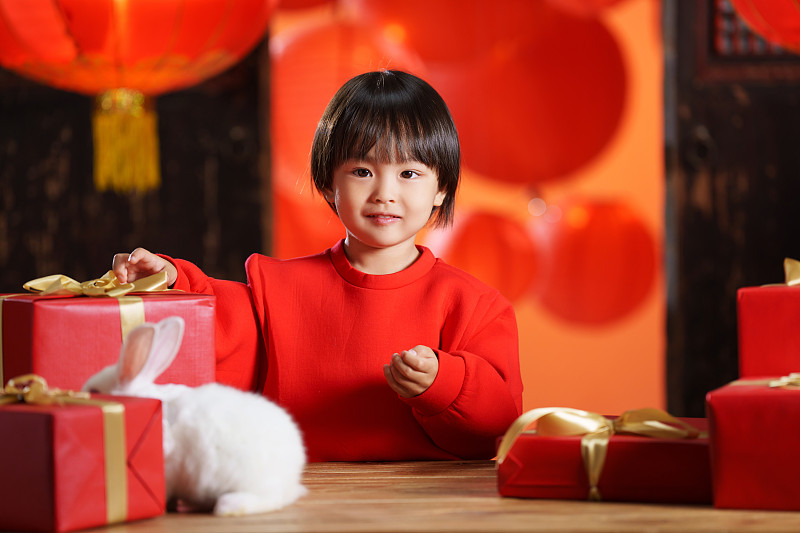 可爱的小男孩收到新年礼物小兔子图片下载