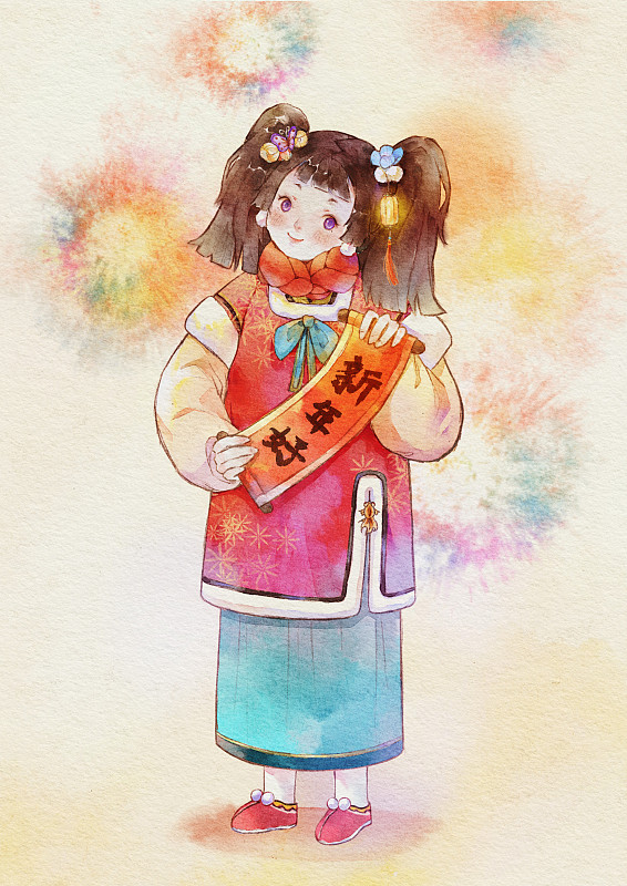 春节新年拿着对联的女孩 水彩插画下载