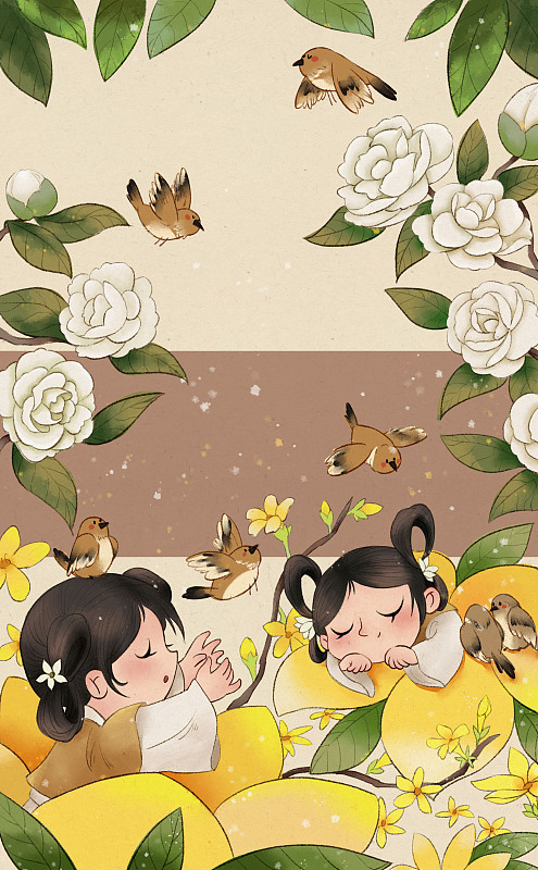 立春时节两个女孩坐在迎春花里图片下载