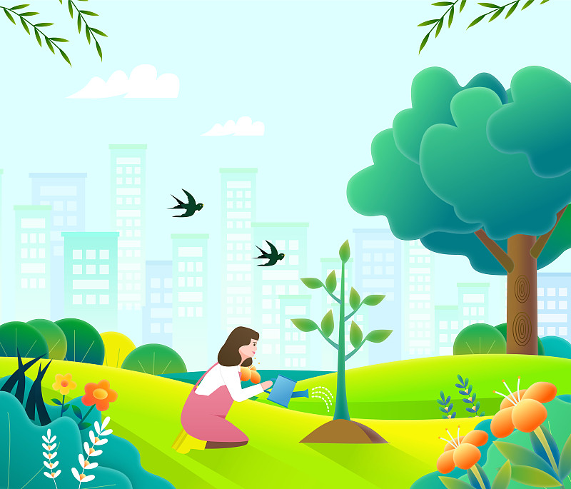 3月12日环保植树节女孩浇水燕子飞过方形插画下载