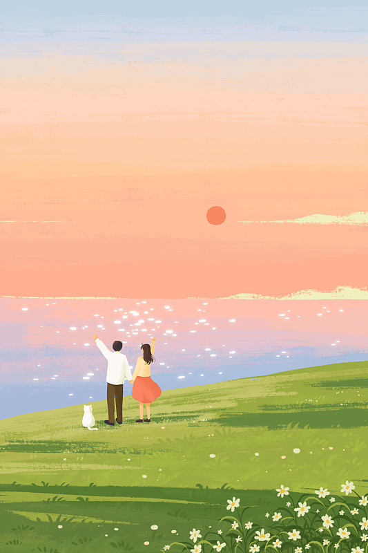 治愈系小清新插画一对情侣站在日落前海边的草地上下载