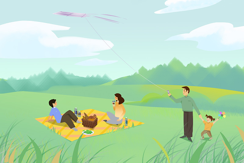 春天夏天草地公园野餐放风筝约会图片下载