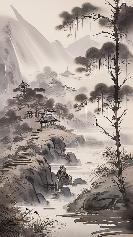 中国传统山水画，水墨写意国画，山石溪水树木古建筑图片下载