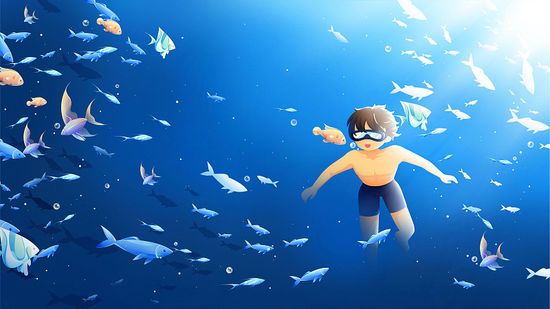 海洋中游泳的少年与鱼群，深蓝色唯美清新夏季插画下载