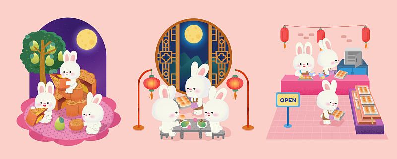 可爱白兔赏月吃糕点与忙碌的甜点店插图集合图片下载