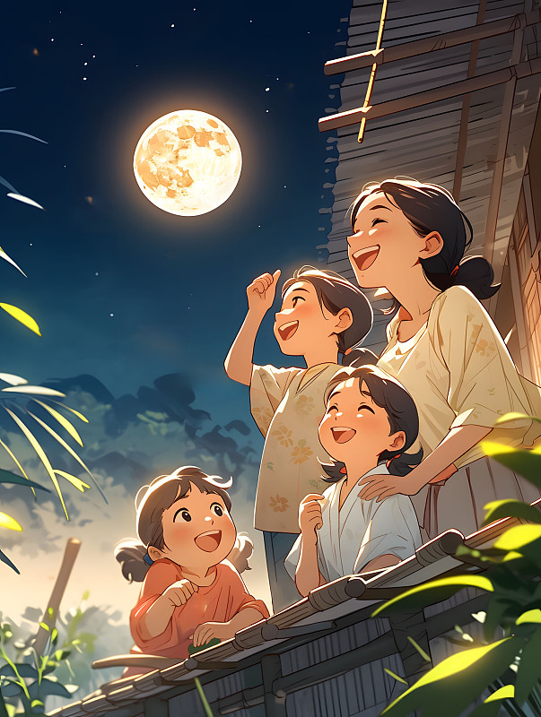 【AI数字艺术】一位母亲带着三个孩子在院子赏月插画下载