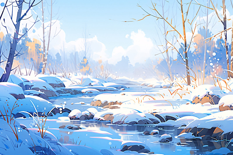 【AI数字艺术】二十四节气之立冬节气宁静的森林与河流插画海报下载