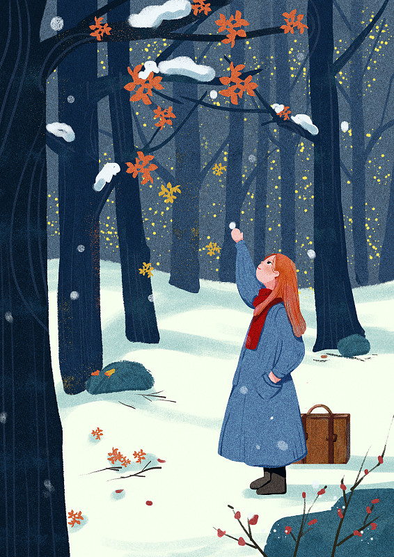 冬季女孩在森林里赏雪图片下载