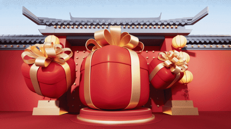 中国风古风建筑与礼物盒3D渲染图片下载
