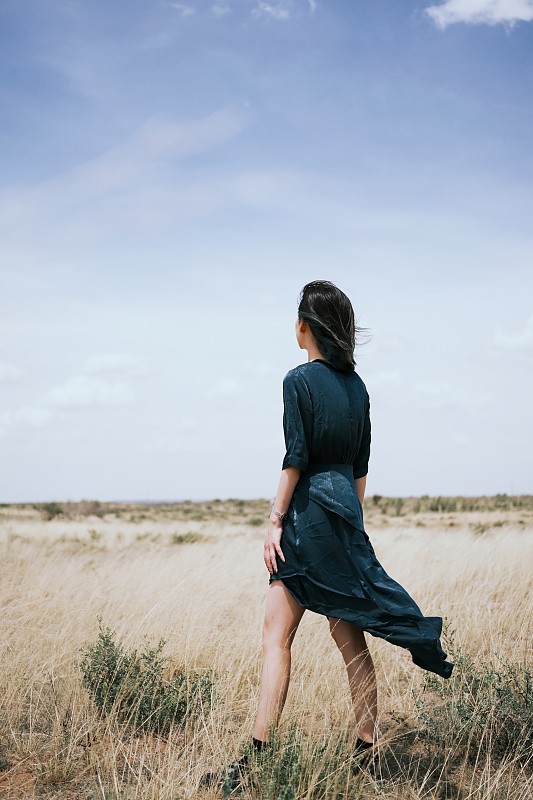 内蒙古鄂尔多斯草原上的长裙少女图片下载