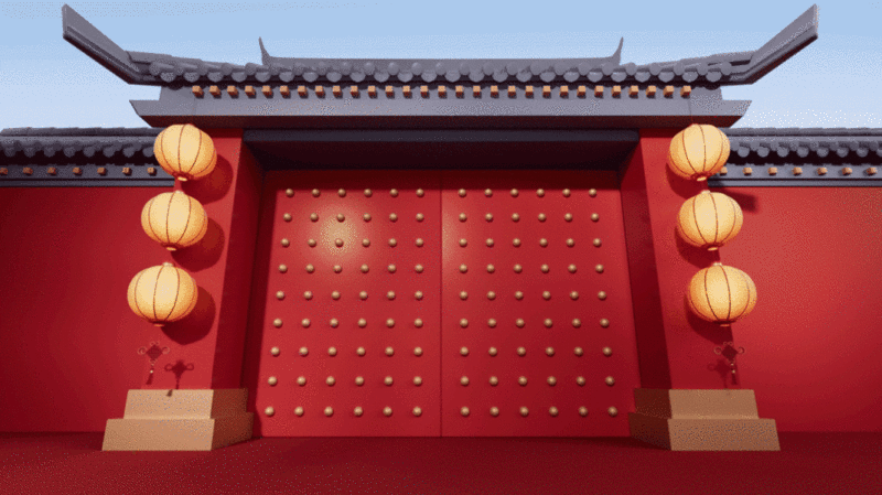 中国风大门开门3D渲染插画下载