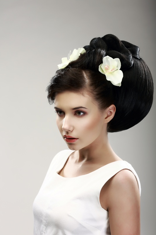 美丽的面孔黑发新娘时装模特优雅的春花发型图片