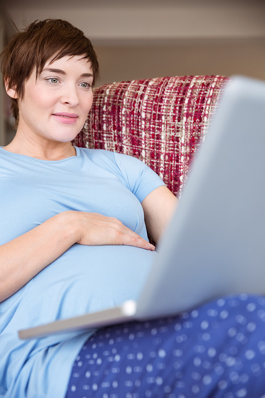 孕妇在客厅里用笔记本电脑图片素材