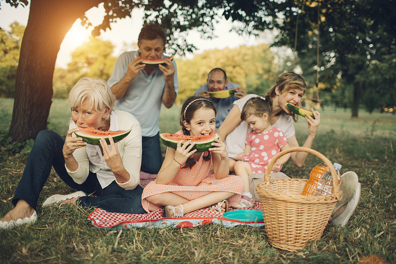 几代同堂的一家人在野餐时吃西瓜。图片下载