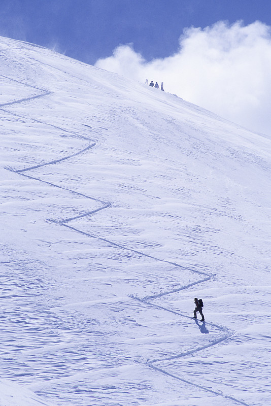 单人野外滑雪者攀登皮肤跑道至顶峰。图片下载