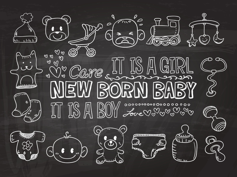 婴儿用品与文字在黑色和白色-插图图片下载