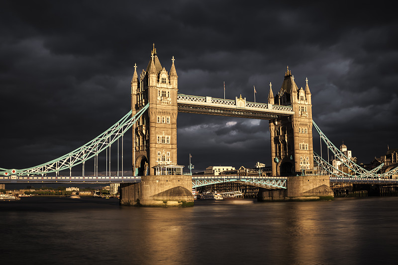 英国，伦敦，日落时的塔桥，长时间曝光图片素材