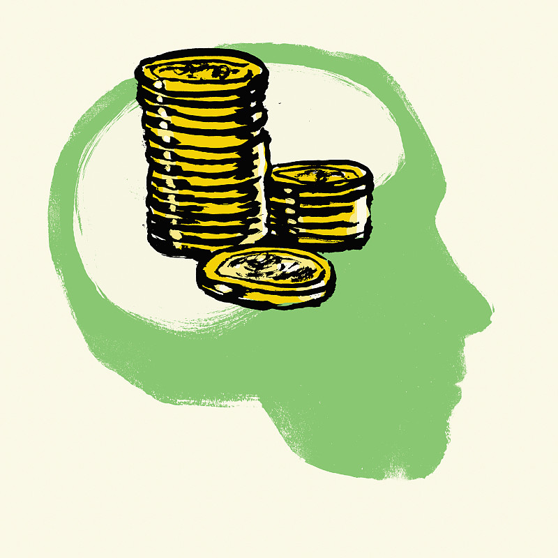 在白色背景下，硬币堆在人头上的插图图片下载