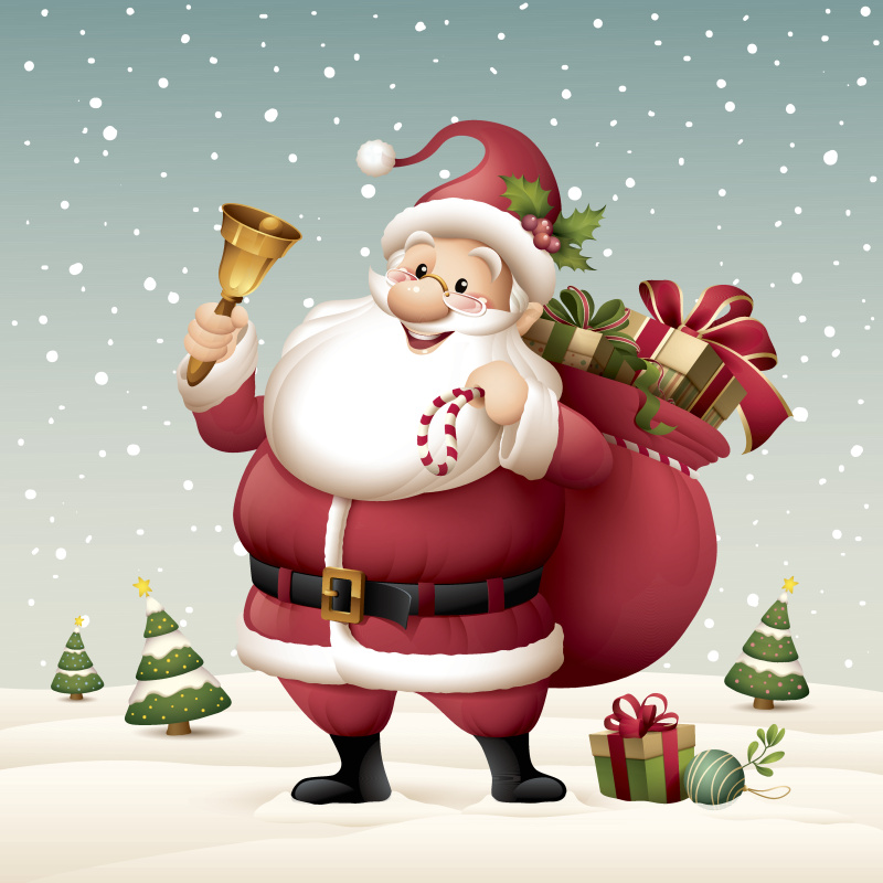 圣诞老人拿着一个铃铛，装满礼物的袋子图片下载