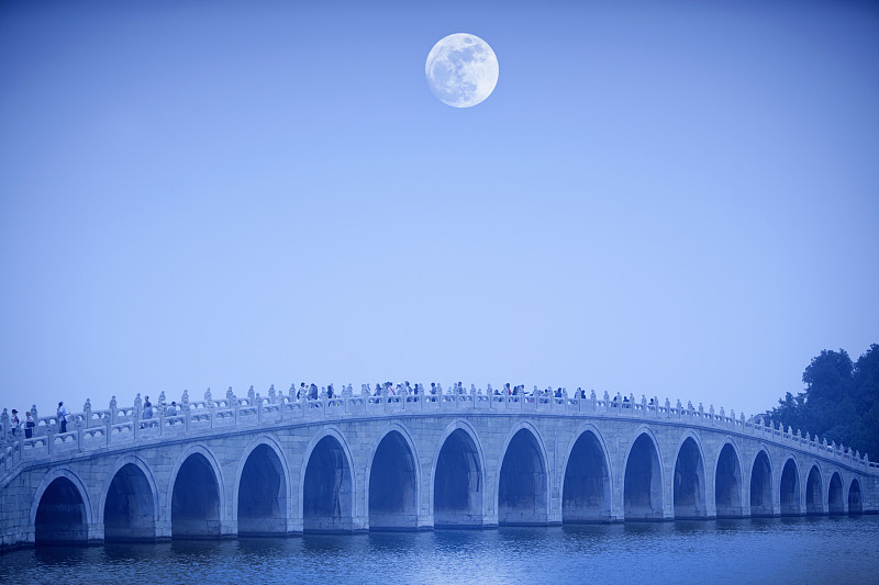 月亮升起时的石桥图片下载