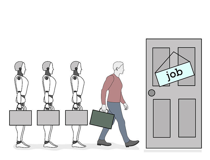 招聘。人类和机器人之间的竞争。缺乏就业机会。矢量插图。图片下载