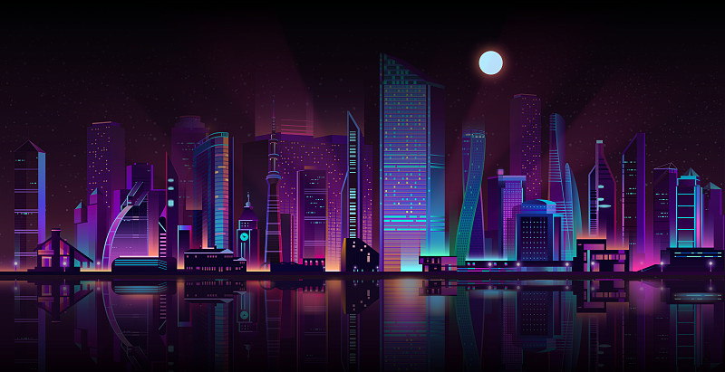 都市夜景霓虹卡通矢量图片下载