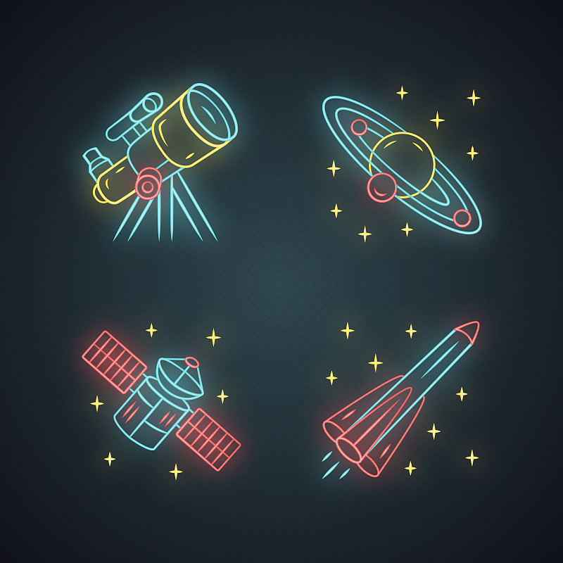 天文霓虹灯图标集。太空探索。望远镜，太阳系，人造卫星，火箭。天体物理学。空间的研究。宇宙的使命。发光的迹象。向量孤立的插图图片下载