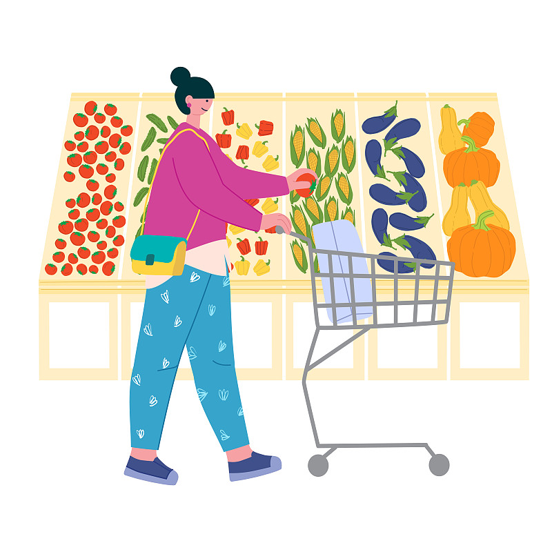 一位推着手推车的妇女在超市的蔬菜区拿着西红柿。时尚平面矢量插图图片素材