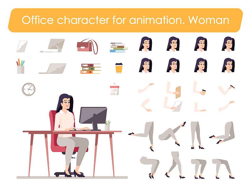 商务女性正面视图动画平面矢量字符设计。办公室经理、员工角色动漫创作卡通套装。建筑秘书用各种表情、手势、腿装图片素材