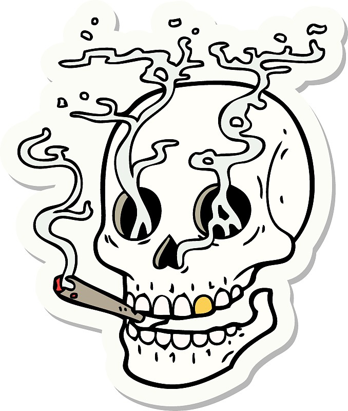 纹身风格的贴纸，一个骷髅在抽烟图片下载
