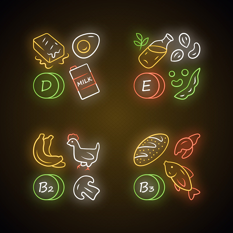 维生素霓虹灯图标集。维生素D、E、B2、B3天然食物来源。乳制品、坚果。适当的营养。健康食品。矿物质、抗氧化剂。发光的迹象。向量孤立的插图图片下载