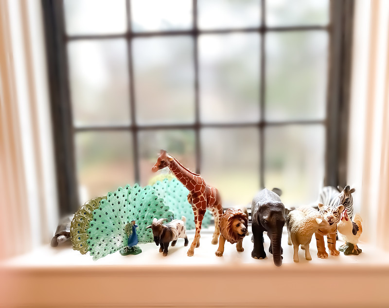 儿童卧室内窗台上的动物雕像图片下载
