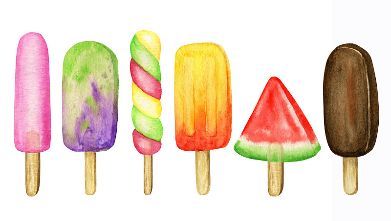 水彩冰棒彩色套装。鲜艳的颜色水果收集冷冻冰棒。巧克力，蓝莓，奇异果，樱桃，香蕉。夏天的概念。白色背景上的冰淇淋孤立插图。图片素材
