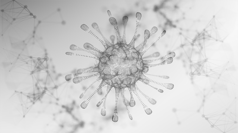 冠状病毒或covid-19三维渲染线框，数字未来设计，技术抽象背景图片素材