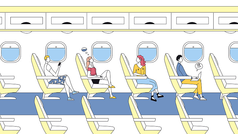 国际航班乘客概念。男性和女性角色坐在飞机上和假期飞行。现代飞机板内饰。卡通线性轮廓扁平风格。矢量图素材