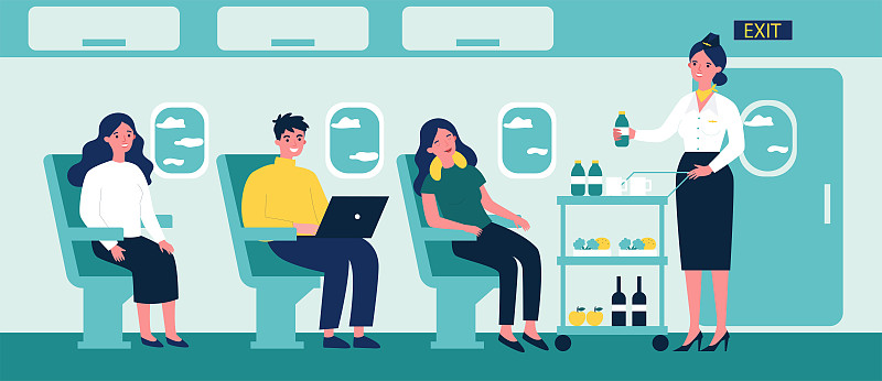 旅客在飞机上等待饮料图片下载
