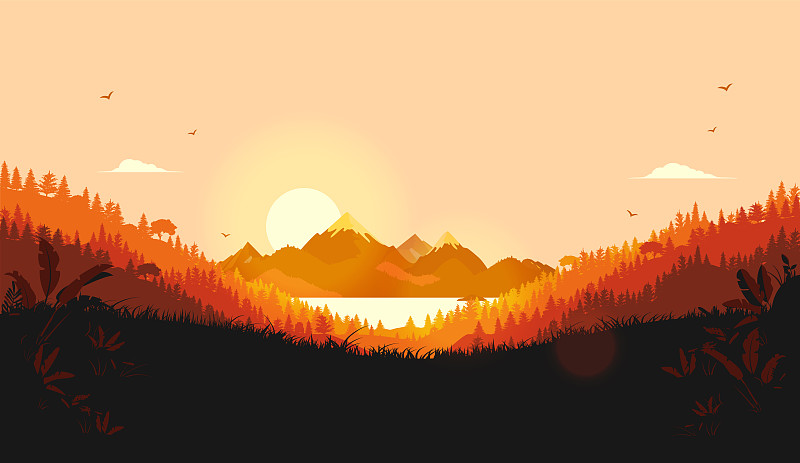 带有温暖阳光的矢量景观。日出越过有海洋和森林的山脉。红色和橙色。图片下载
