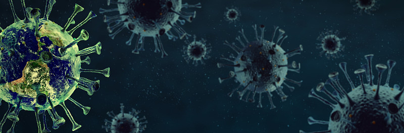地球反射在蓝色背景的冠状病毒-病毒学概念- 3d渲染图片素材