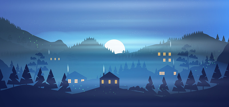 山中的村庄，满月之夜图片下载
