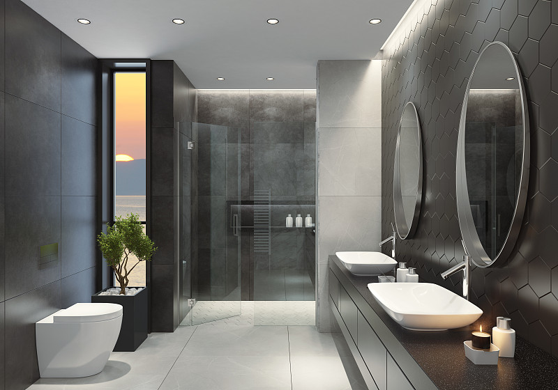 现代黑白浴室与六角形瓷砖在日落。图片下载