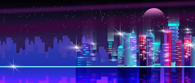霓虹城市的背景映衬着夜空、星星、月亮、摩天大楼、灯火通明的建筑物、水面的倒影。图片素材