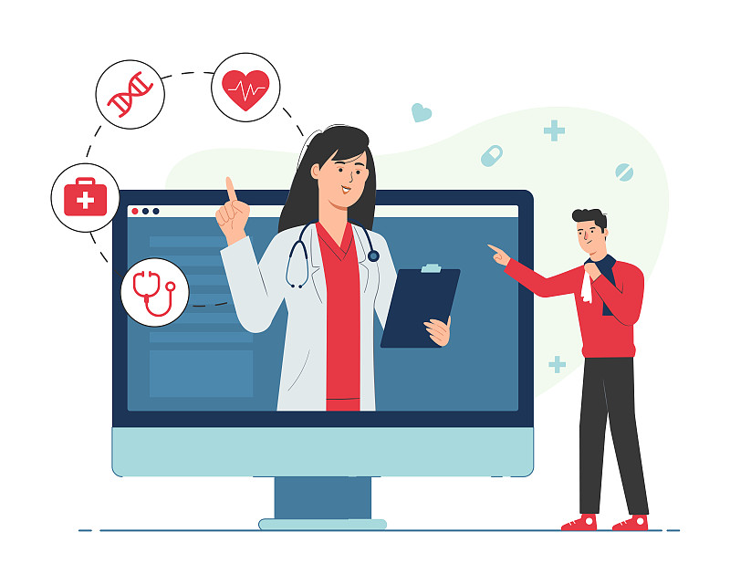 在线医生概念与女医生在电脑屏幕上会见病人图片下载
