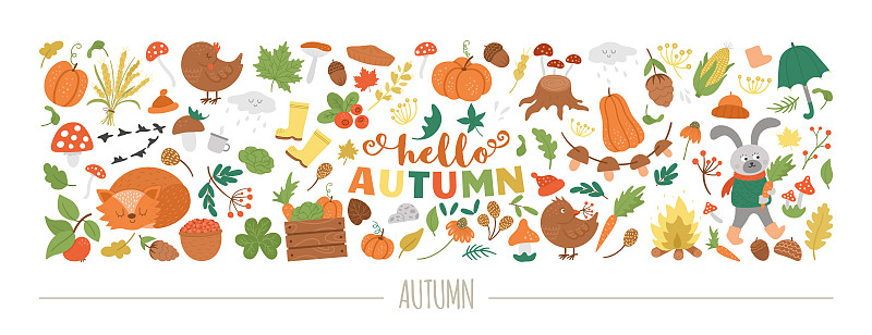 矢量水平秋天设置与动物，植物，叶子，钟，南瓜孤立在白色的背景。有趣的秋季设计横幅，海报，邀请。可爱的风景卡片模板图片下载