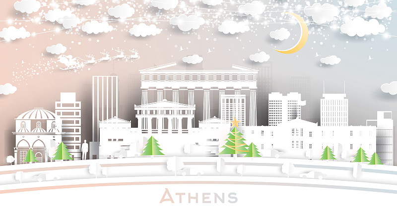 希腊雅典城市天际线剪纸风格的雪花，月亮和霓虹灯花环。图片素材