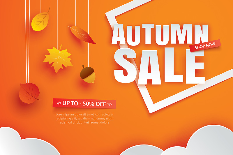 秋季销售，橙色背景的纸艺术风格的叶子。图片下载