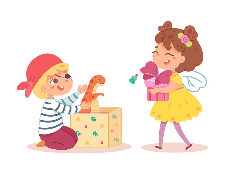 Kids getting Christmas or birthday presents. Boy and girl receiveing and opening gifts from parents or santa. Dinosaur toy brings joy and happiness on holiday. Congatulation vector illustration图片下载