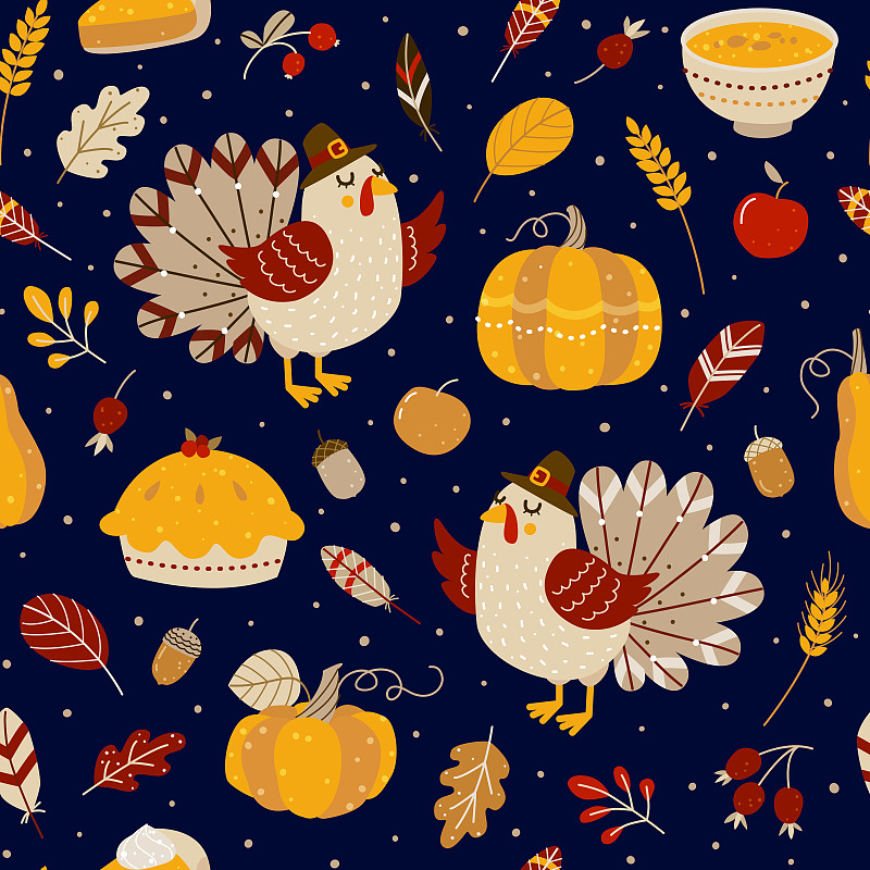 无缝图案与可爱的火鸡和秋天的元素为感恩节设计图片下载