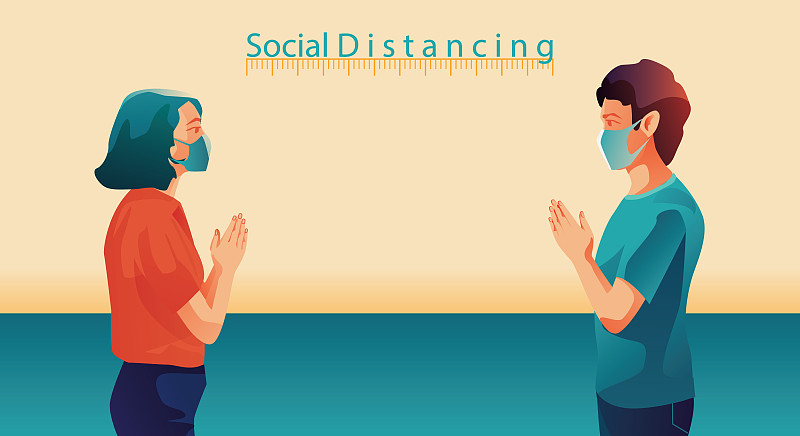 社交距离，人们保持距离，避免身体接触，握手或手触碰，以防止COVID-19冠状病毒传播的概念，人们使用泰国问候Sawasdee图片素材