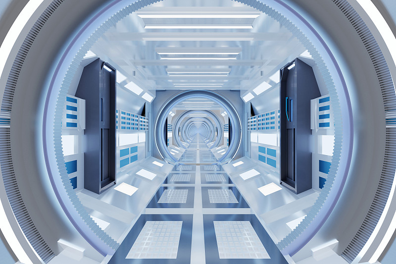 照亮未来的宇宙飞船走廊的3D渲染插图图片下载